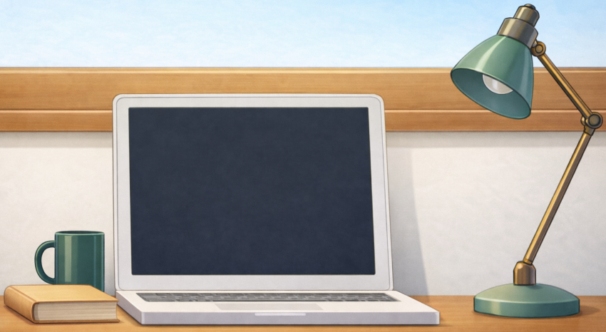 A Desk with a laptop, running Conway's Game of Life