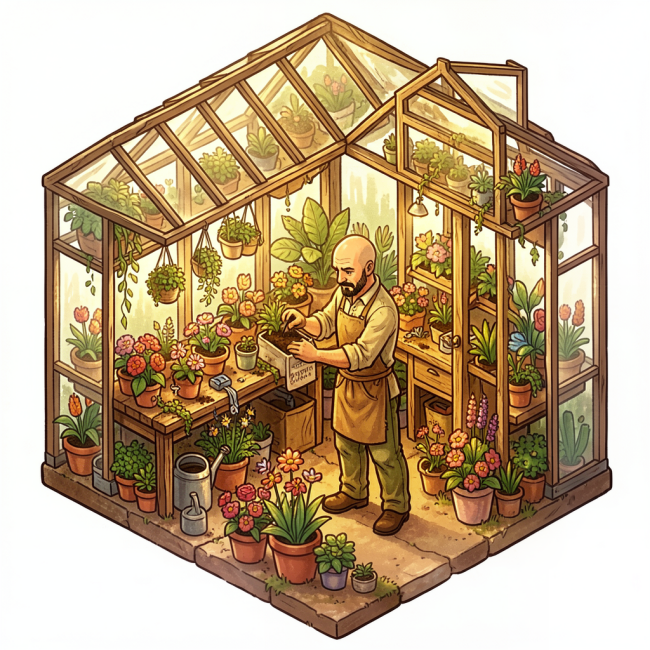 A greenhouse, with a gardener taking care of the flowers and plants