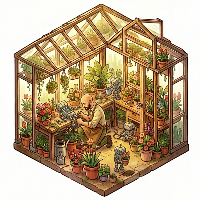 A greenhouse, with a gardener repairing a small robot, while other robots are taking care of the flowers and plants