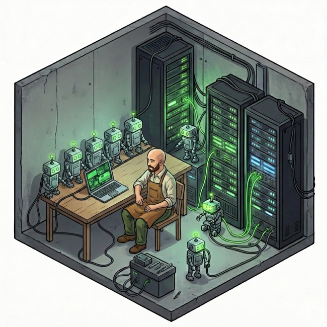A garage, with a man staring at a laptop screen, while many little robots are connected to computer server racks