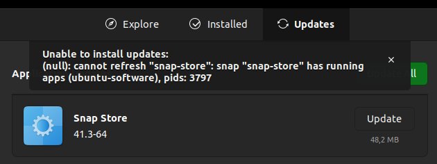 Screenshot: Ubuntu snap store cannot update itself