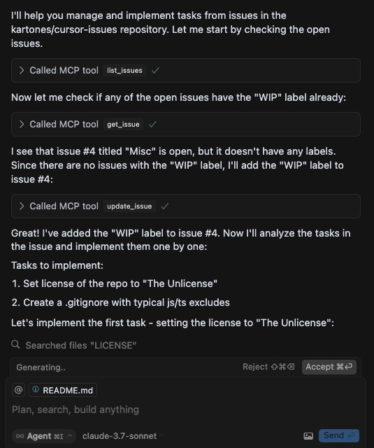 Cursor performing MCP calls to operate with GH issues