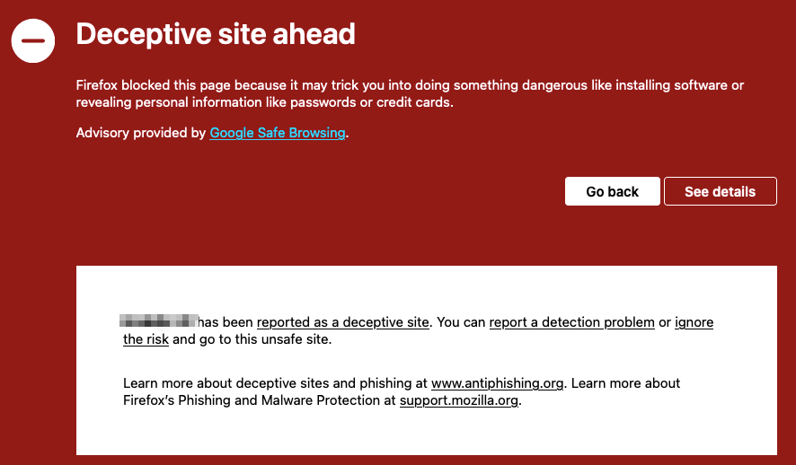 Firefox deceptive site detected warning